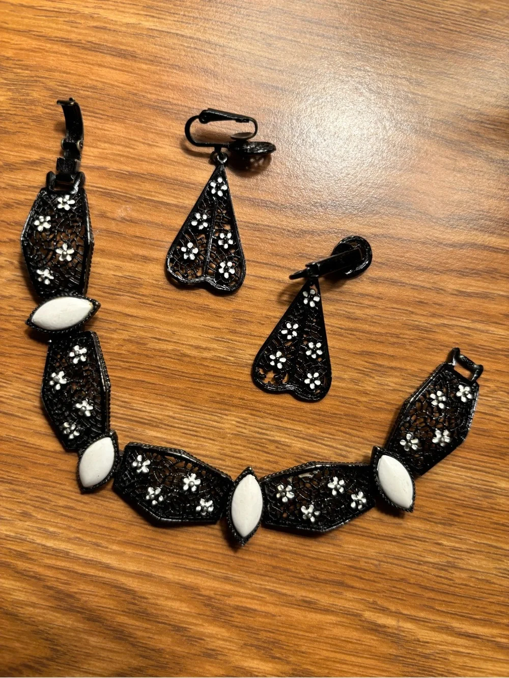 Black Filigree Bracelet and Drop Earrings Set with White Accents